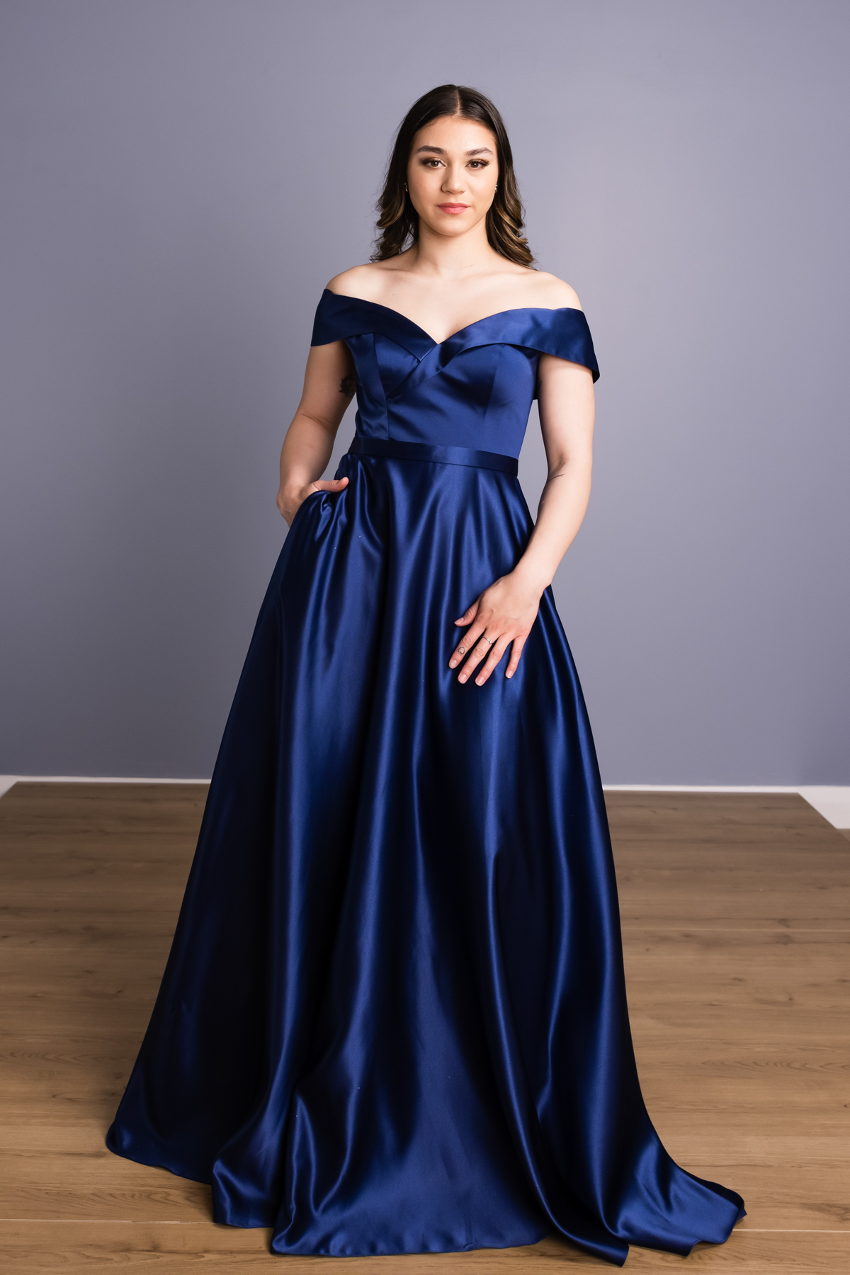 Dark Blue V Neck Satin Prom Dresses Evening Dresses Withi Beading – Pgmdress